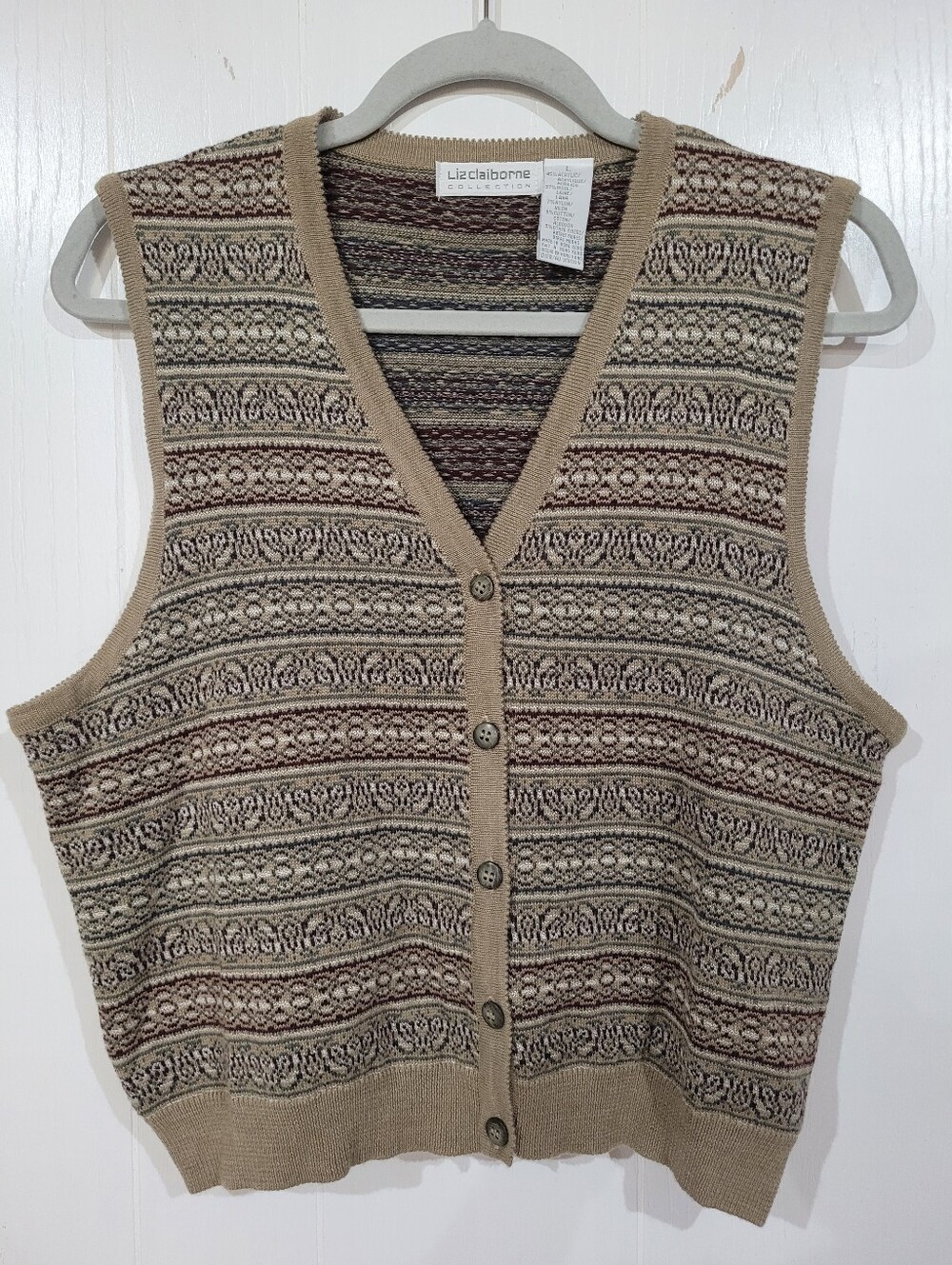 Liz Claiborne Vintage Beige Patterned  Button Front Sweater Vest Fair Isle Large